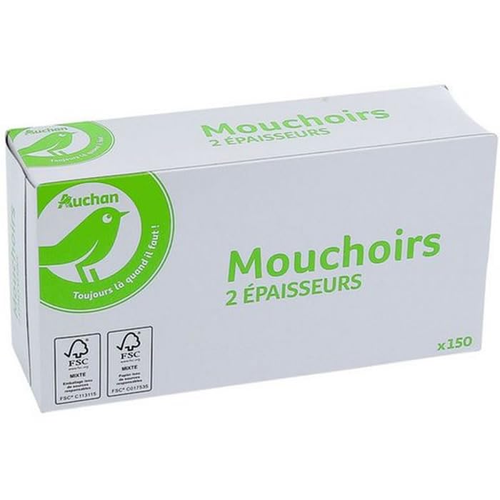 AUCHAN Mouchoirs boîte double épaisseurs 150 mouchoirs