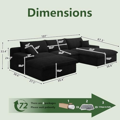 Image of 107 inch Cloud Couch Modular Sectional Sofa for Living Room, U-Shape Boneless Couch with Deep Seat, Modern Corduroy 3-Seater with Ottoman, No Assembly Required (Black,Right-Facing Chaise)