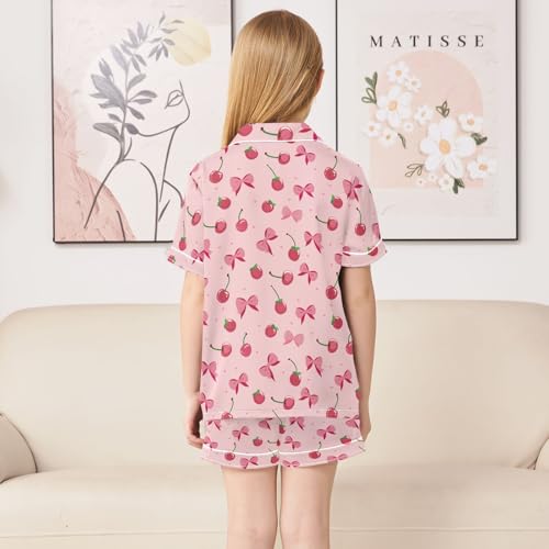 Pink Bows Cherries Pattern Summer Satin Pajama Set, Cute Button-Down Sleepwear Pj Set for Sleep Wears4
