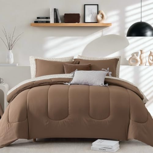 Image of Monbix King Size Comforter Set, 7 Pieces Soft Bed in a Bag King Bedding Set | All Season Brown Track Stitching Comforter with Printed Sheets, Pillowcases & Shams
