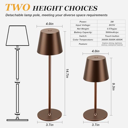 Image of Cordless Table Lamp Rechargeable Brown - KK 2 Pack 5000mAH Battery Operated Lamp for Counter, 3 Color Stepless Dimming Wireless Lamp for Dining Table, Kitchen Counter, Outdoor Patio, Touch Control