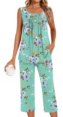 Image of Bestbee Women's Sleeveless Pajama Sets 2 Piece Sleepwear Summer Lounge Outfits Henley Tanks Capri Pants Ladies Pjs