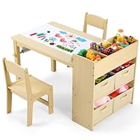 Clevich Kids Table and Chairs, 2 in 1 Children Table and Chair Set, Wooden Kids Craft Table Chairs Set, Children Art Desk with Paper Rolls and 4 Storage Boxes for Drawing, Learning