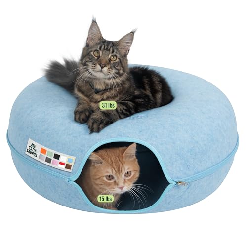 Image of Cattasaurus Peekaboo Cat Cave Donut for Multiple & Large Cats up to 30-45 lbs, 3-in-1 Self Warming Cat Bed, Tunnel & Scratcher for Indoor Cats, Washable & Detachable Small Dog Bed (Blue, Jumbo)