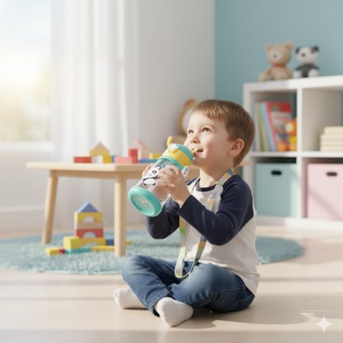 Image of YBN Cartoon Water Bottle with Straw & Strap - BPA Free, Leak-Proof, Non-Toxic, Perfect for Kids' School and Home 500ml