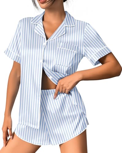 Image of Ekouaer Womens Silk Satin Pajama Set Print Short Sleeve Sleepwear Button Down Pjs Shorts Set Loungewear