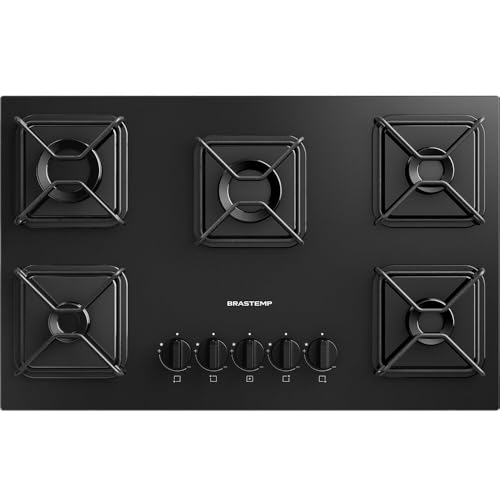 Brastemp Cooktop, Preto, 5 Bocas, Gás, GLP/GN, Chama Simmer, Mesa de Vidro, Ferro Aramado, 73x46x8,6 cm, Superautomático