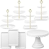 8 Pcs White Cake Stand Set, Including 4 Pcs 3 Tiered Cake Stand 1 Pc Plastic Cake Pedestal Stand 3 Pcs Rectangle Dessert Trays for Dessert Table Cupcake Holder for Display Wedding Birthday Party Decor