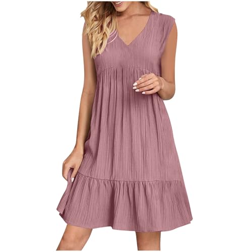 XCXC Sommerkleid Damen ärmellos V-Ausschnitt Kleid Locker Geschnitten A-Linie Kleider Strandkleid Frauen Leicht Luftig Knielang Crinkle Look...