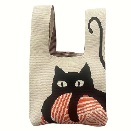 JAWSEU Sac à Main Tricoté Motif Chat Tote Bag Fourre-tout Au Crochet pour Femme Sacs Portés Epaule Sac Cabas Femmes Sacs à Provisions Sac de Plage Sac à...
