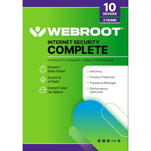 Webroot Internet Security Complete | Antivirus Software 2026 | 10 Device | 1 Year Keycard for PC/Mac/Chromebook/Android/IOS + Password Manager, Performance Optimizer | Packaged Version