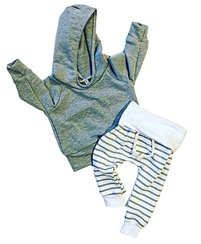 Newborn Baby Boys Warm Hoodie T-Shirt Top + Striped Pants Outfits Set Kids Clothes (0-6 Months, Gray)