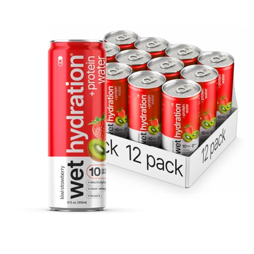 Image of Wet Hydration Protein Water | Electrolyte Drink with Clear Whey Protein & BCAAs - Kiwi Strawberry Flavor (12oz Cans, Pack of 12) | Zero Sugar, 10g Protein, Low Calorie, Functional Hydration
