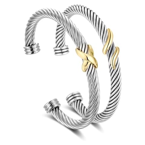 NANDUDU 2 Pcs Cuff Bracelet for Women Cable Wire Bracelet - Two Tone Twisted Bangle Stainless Steel - Silver Cuff Knot Vintage Bracelets Jewelry Gifts Cover