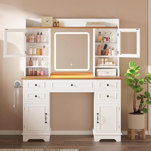 Vanity Desk with LED Lighted Mirror, Makeup Vanity Table with 5 Drawers, 4 Doors, and 3 Storage Shelves for Bedroom, Dressing Room, White