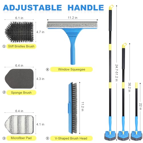 Image of Tile Tub Scrubber Brush with 5 Different Function Cleaning Heads and 51 inch Extendable Long Handle Non Scratch Shower Scrubber for Cleaning Bathroom Kitchen Toilet Wall Bathtub