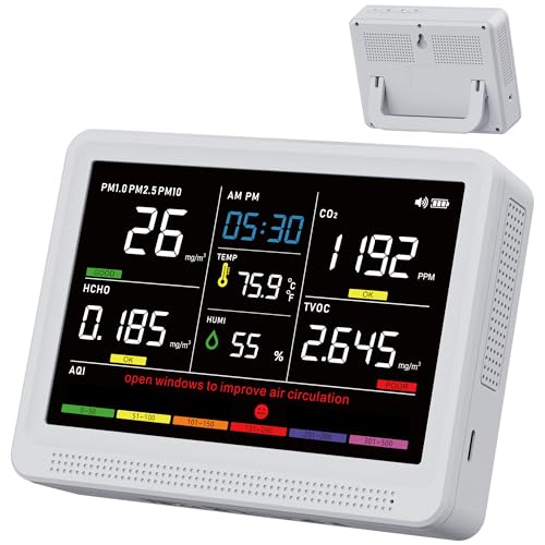 bonoch 16 in 1 Luftqualität Messgerät Luftmessgerät 9 AQI + 7 AQI Warnungen 5.5 Air Quality Monitor für CO2 TVOC PM2 5 PM1 0 HCHO Temperatur Feuchtigkeit AQI & Uhrzeit Luftqualitätsmonitor-Weiß