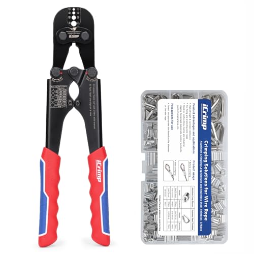 iCrimp - Kit di crimpatura per funi metalliche, con 330 manicotti ad anello e 45 ditali in acciaio inox, tagliacavi incorporato, resistente per pesca, ringhiere per cavi, terrazze e uso esterno