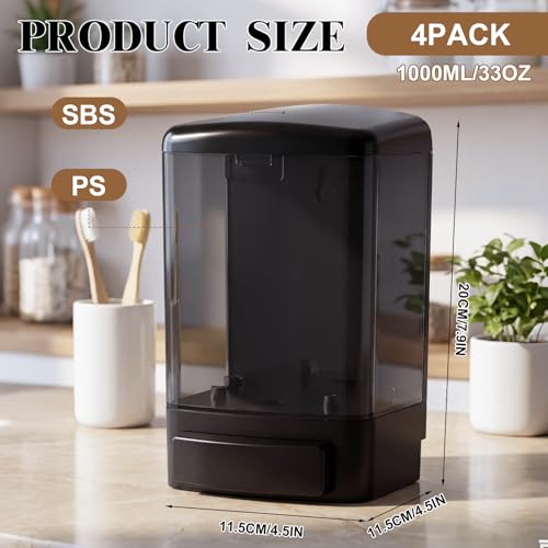 Image of Hushee 4 Pcs Plastic Wall Mounted Soap Dispenser Commercial Manual Soap Containers Wall Dispenser for Kitchen Shower Hotel Liquid Shampoo Gel Chamber (33.8 oz 1000 ml,All Black)