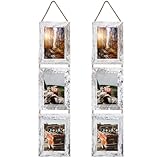 Lavezee 4x6 Collage Hanging Triple Picture Frames Set, 6 Opening Distressed White Vertical Frame Made to Display 4 by 6 Inch Photo Prints for Wall Decor