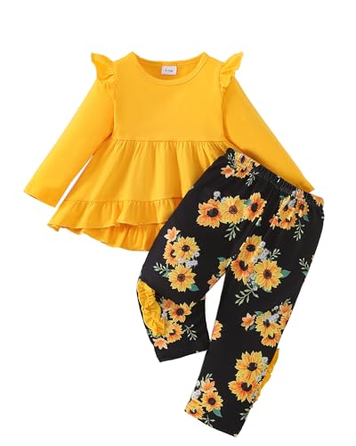 Image of Weebaby Baby Girl Clothes Infant Toddler Girl Clothing Ruffle Shirt High Low Top Floral Allover Pant Little Girls Clothes