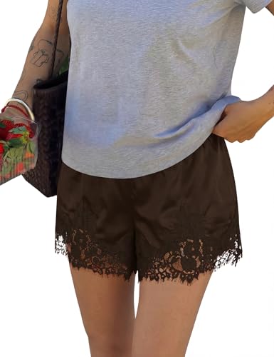 LOMON Women Satin Silk Lace Shorts Y2k Low Rise Micro Mini Shorts Coquette Lounge Half Slip Pj Bottoms Cappuccino Brown M