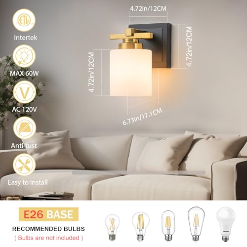 Image of Modern Bathroom Light Fixtures Over Mirror, Vanity Lights for Bathroom Wall Sconces with Milky White Glass Shades, E26 Socket (Bulbs Not Included), 1 Light, Black Gold