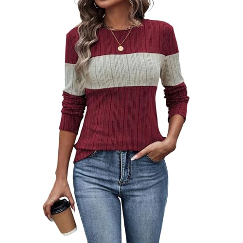 Women Long Sleeve Knit Color Block Striped Sweaters Crewneck Slim Sweatshirts Fall Trendy 2025 Jumper Tops