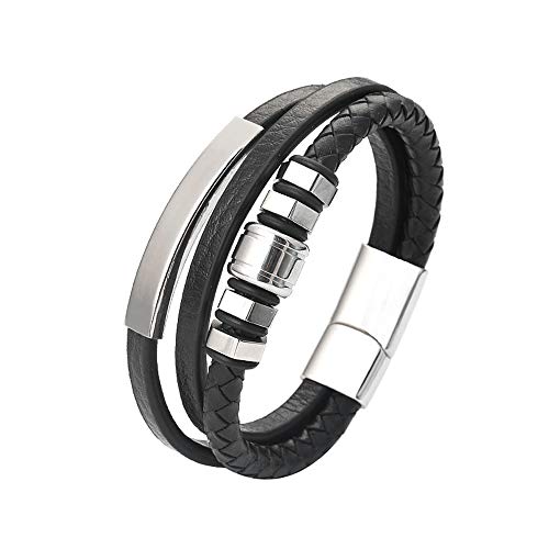 Leather Cuff Bracelet Braided Rope Custom Engraved Logo ID Stainless Steel Bangle Personalized Mens Black Braid Leather Bracelets DIY Birthday Xmas Gift for Men