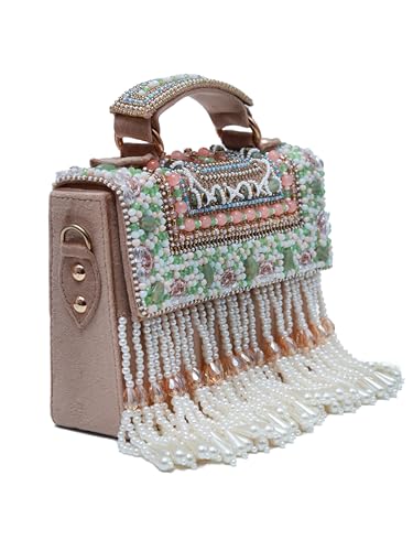 Image of THE TAN CLAN Kiara Beige Flap Over Bag Clutches for women Purses Luxury Evening Handbags for ladies with Handle