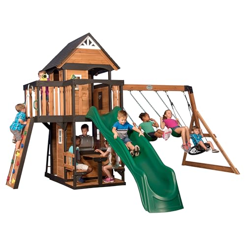 Backyard Discovery Canyon Creek Cedar Wood Swing Set with Wave Slide, Clubhouse, Play Kitchen, Picnic Area, Belt Swings, Web Swing, Rock Wall, Balconies, Playhouse, Step Ladder, Outdoor Playset - image 2