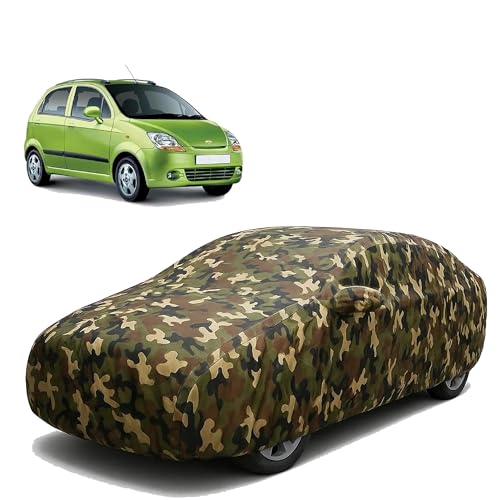Image of Sulfar 100% Waterproof Car Body Cover Compatible with Mirror for Chevrolet Spark with Long Lasting Durable Material (Triple Stitched, Full Bottom Elastic, Camouflage Army)
