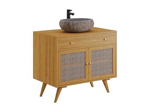 Vente-unique - Meuble de Salle de Bain en Teck Clair et cannage avec Vasque en Pierre - 90 cm - MANSULAN
