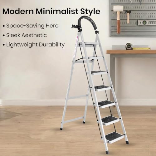 Image of Casa Copenhagen White 7 Step Ladder for Home Use with Built-in Tool Tray | Heavy Duty D Shape Rods | Ultra Large Platform | Wide Rubber Feet | 150Kg Capacity Foldable Ladder - 7 Years Warranty