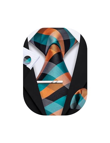 Image of YOHOWA Men Plaid /Striped Ties Set Silk Business Wedding Formal Fashion Necktie and Pocket Square Cufflinks Set