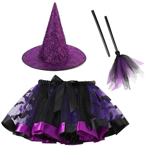 Happy Cherry Toddler Girls Witch Tutu Skirt Set with Hat & Broomstick 3 Pcs Dress Up Halloween Outfits 3-8Y