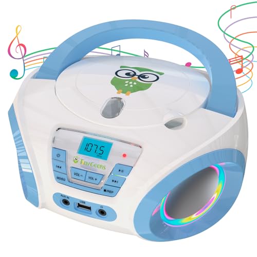 Image of TinyGeeks Tunes Kids Boombox CD Player for Kids - NEW 2023 - FM Radio - Batteries Included - Cute white Radio cd Player with Speakers for Kids and Toddlers - Blue | Colourful disco lights for dancing fun and make a great gift, blue