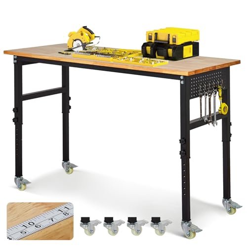 48' Adjustable Workbench, 2000 Lbs Capacity Rubber Wood Heavy Duty Work Table, 29.5'-39.4' Height Adjustable Workbench with Scales, Lockable Wheels & Pegboard, for Garage Workshop Office