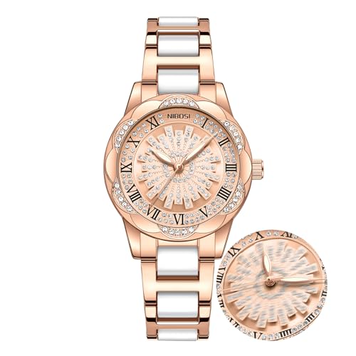 NIBOSI Damenuhr Analog Quarz Modieuhr mit Diamantzifferblatt Einzigartige Uhr mit drehbarem Zifferblatt Exklusiv für Frauen entworfen Exquisite modische Luxusuhr aus Edelstahl(Rosa)