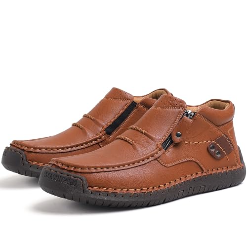 WOWSTICK Men's Slip on Hand-Stitched Leather Loafers, Lightweight Comfort Casual Ankle Chukka Walking Shoes2