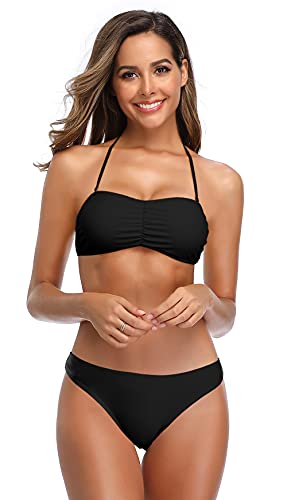 SHEKINI Mujer Bandeau Bikini Traje de Baño Dos Piezas Ajustable Parte Superior del Bikini con Cintura Baja Triángulo Pantalones de Natación(S, Negro S) Cover