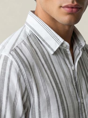 Image of Urbano Fashion Men's Cotton Full Sleeve Relaxed Fit Linen Striped Shirt with Spread Collar