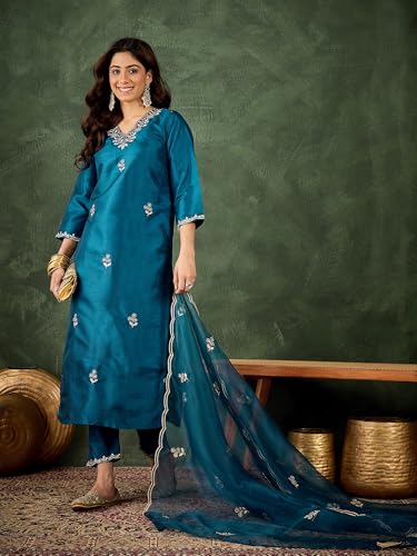 Image of VredeVogel Women's Ethnic Wear Embroidered Silk Blend Kurta Pant Set with Organza Dupatta | Festive & Casual Summer Kurti with Pants for Party Office & Ethnic Occasions