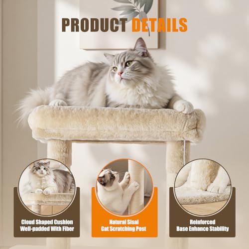 Image of Sweetcrispy 63 inch Cat Tree Tower, Large Multi Level Cat Climbing Tower with Condo, Natural Sisal Scratching Posts, Extended Platform, Hammock, Pet House for Indoor Cats and Kittens Play, Beige