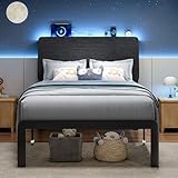 Feonase Twin Bed Frame with Ergonomic Storage Headboard & Charging Station, LED Platform Bed Frame, Heavy Duty Metal Slats, No Box Spring Needed, Easy Assembly, Black