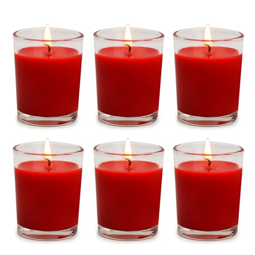 6 Packs Unscented Red Votive Candles in Glass 2 Inch Natural Soy Wax Scentless Candles for Christmas Wedding Party Home Holiday Relaxation Spa 12-15 Hour Burning Time
