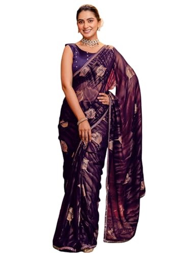 Image of SIRIL Women's Georgette Foil Printed Saree with Unstitched Blouse Piece