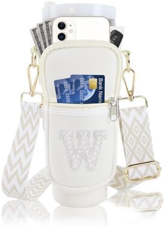 Initial A-Z Water Bottle Carrier Bag with Strap for Stanley 40 oz Tumbler, Personalized Water Bottle Holder Pouch with Pearl Letter Phone Pocket for Stanley Cup Accessories Custom Gift for Women Girls