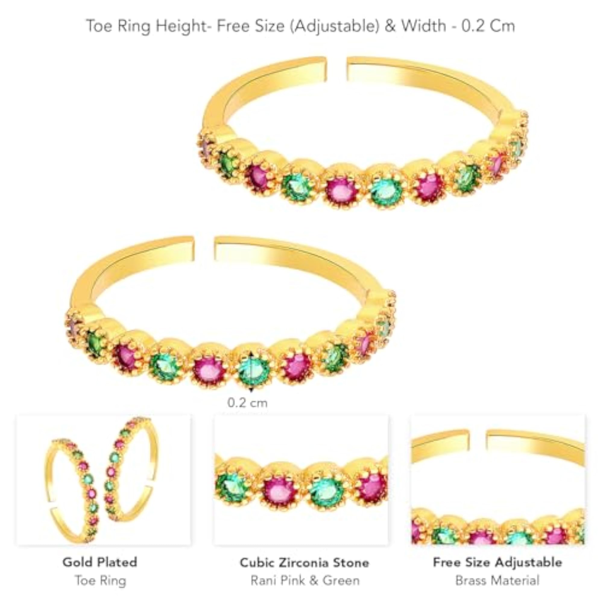 Gold Plated Adjustable Rani Pink Green Cubic Zirconia Toe Ring
