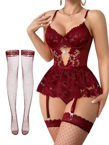 Image of Lilosy Sexy Lingerie Set 3 Piece Women Corset Bodysuit Skirt